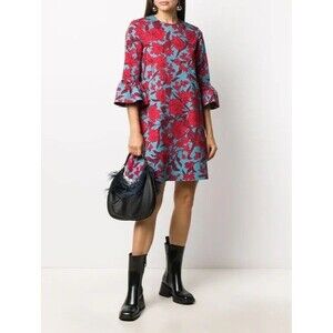 La Double J 24/7 Floral Print Shift Dress Sz M Red Midi Classic Lilium Turchese